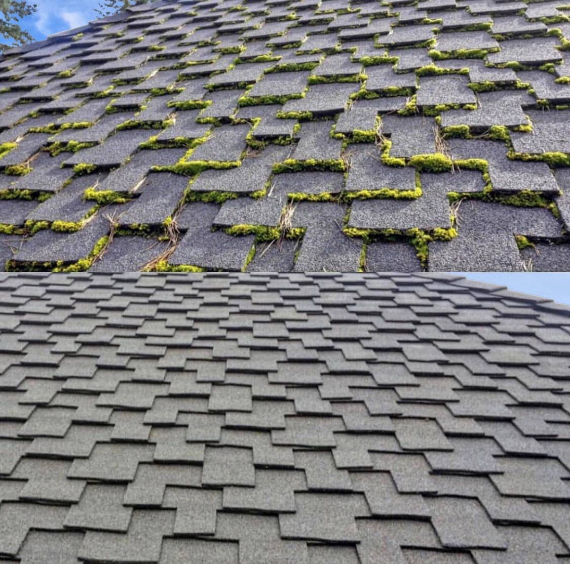 before and after cleaning the roof with moss